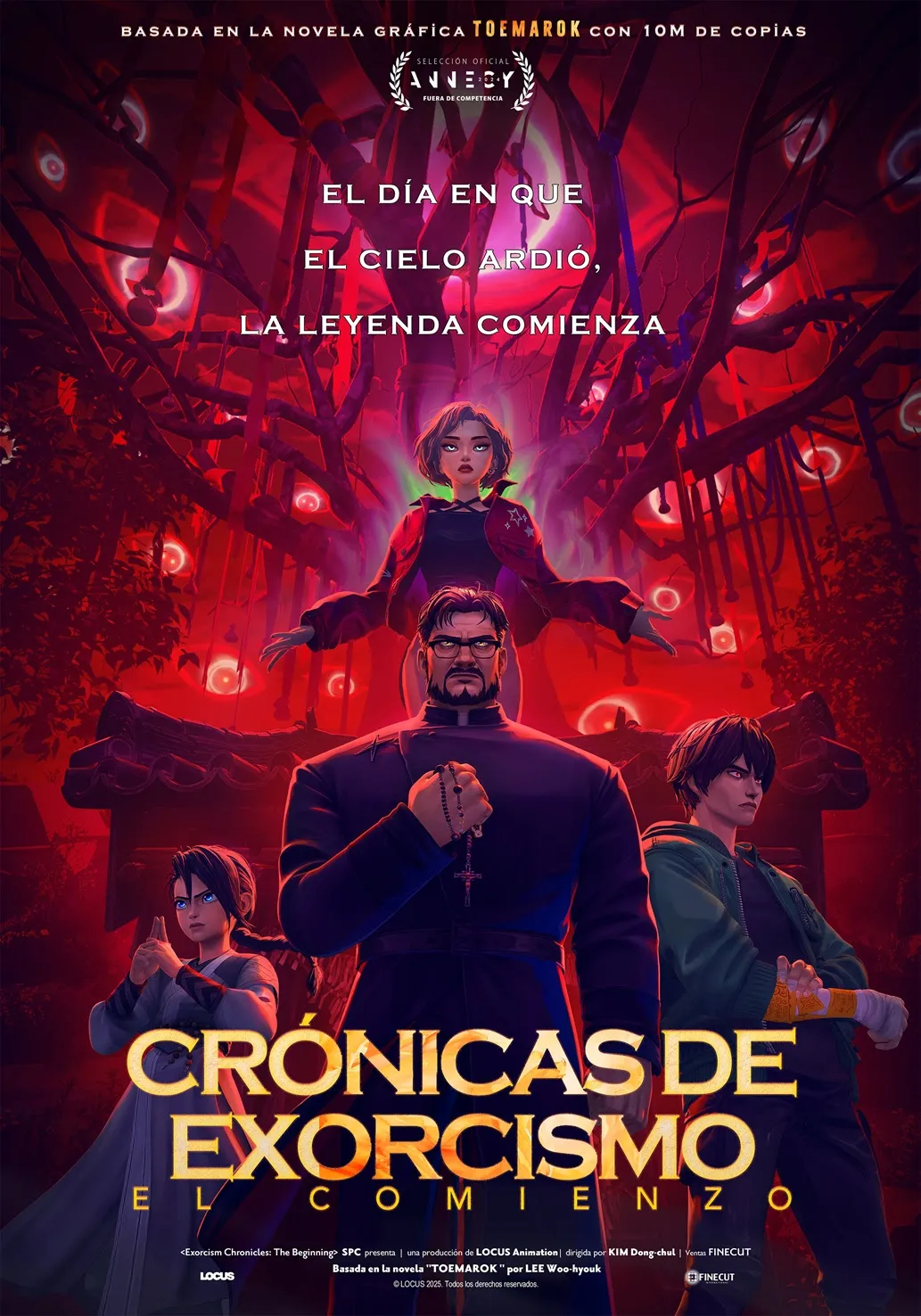 Afiche oficial de Crónicas de Exorcismo: El Comienzo con los protagonistas y fondo infernal.