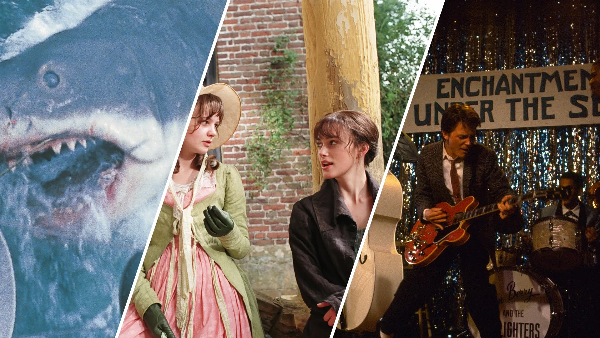 Afiche de la temporada de reestrenos Universal Pictures en Chile, con Tiburón, Orgullo y Prejuicio, y Volver al Futuro.